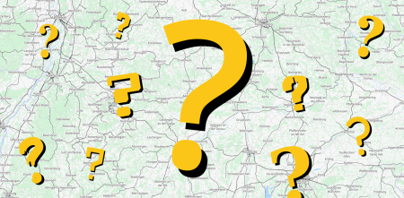 Collage: Eine OpenStreetMap-Landkarte. Darauf viele gelbe Fragezeichen verteilt.