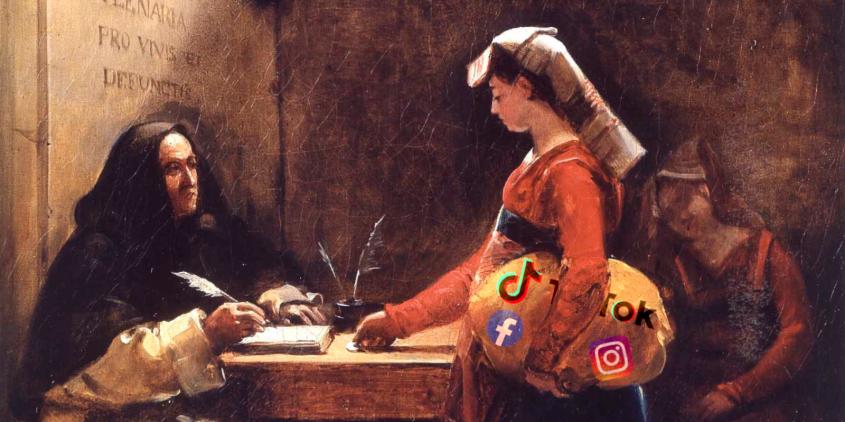 Ein altes Gemälde mit einer Szene eines Ablasshandels: Eine Person legt eine Münze auf einen Tisch. Unter ihrem Arm ein Sack. Per Bildbearbeitung sind die Logos von TikTok, Facebook und Instagram eingefügt.