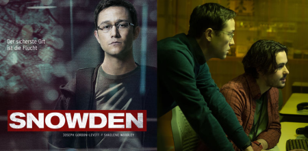 Filmplakat "Snowden" (links), Ausschnitt aus dem Film (rechts).