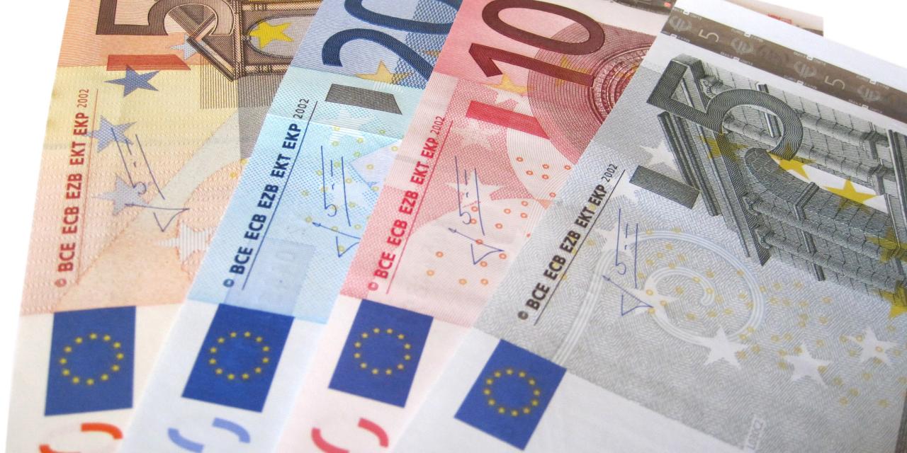 Der 5-€- bis 50-€-Schein aufgefächert vor weißem HIntergrund.