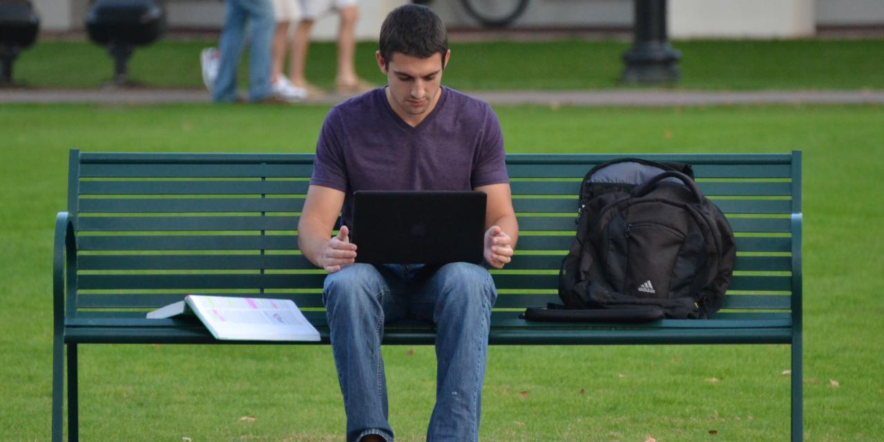 Eine Person sitzt auf einer Parkbank. Auf dem Schoß steht ein Laptop, auf der Bank liegt ein aufgeschlagenes Buch.