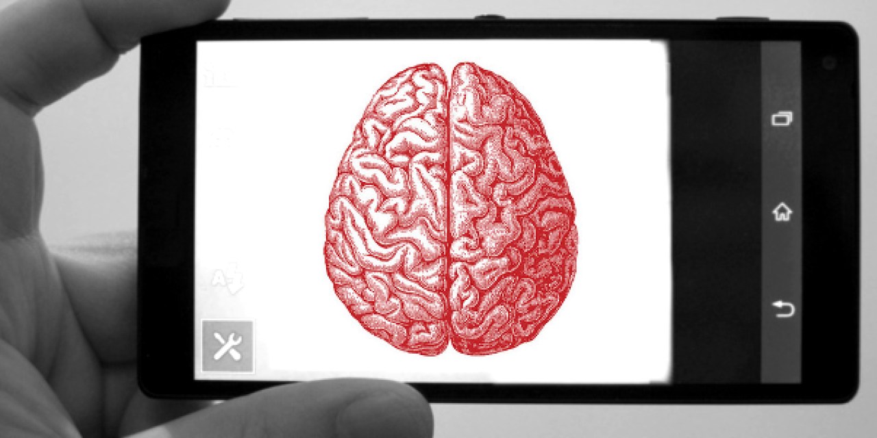 Collage: Der Bildschirm eines Smartphones (schwarz-weiß). Darüber eine Grafik eines Gehirns im Querschnitt (rot).